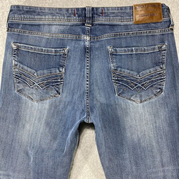 Seven7 Jeans Womens 34x28 Blue Denim Straight Fit Faded Whiskered Distressed - Picture 11 of 14